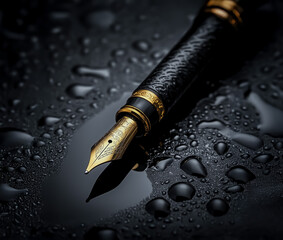 An elegant black fountain pen with ornate golden details resting on a textured dark surface with soft water reflections.