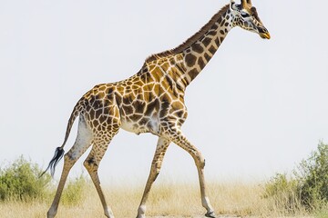 Fototapeta premium Giraffe in savannah striding against clear sky