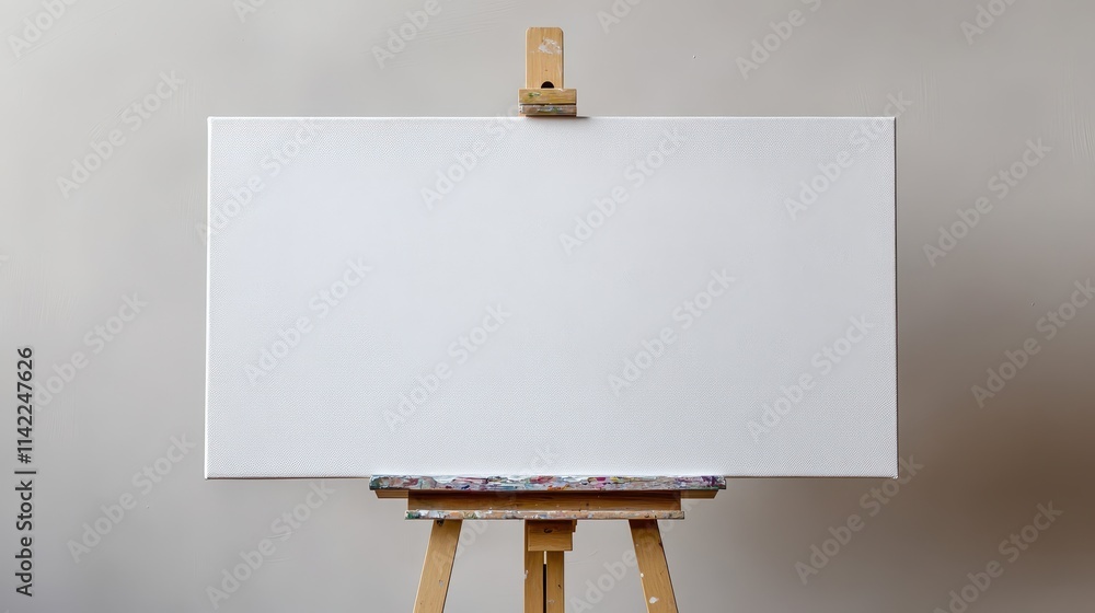 Poster white canvas on an easel situated against a simple white background for artistic creation