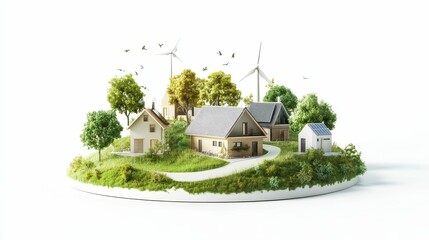 Eco-friendly village model, wind turbines, green landscape.