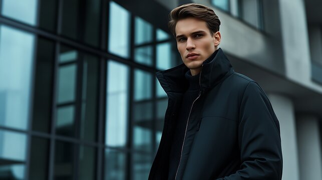 German male model in a sleek black jacket, standing by a modern architecture building in Berlin