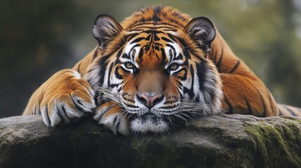 Fototapeta premium Close-up of a Tiger Resting on a Rock