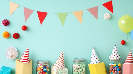 Obraz premium Inside the studio, a fun-filled kids' party table covered with candy jars, party hats, and colorful gifts is arranged against a vibrant pastel background with soft lighting