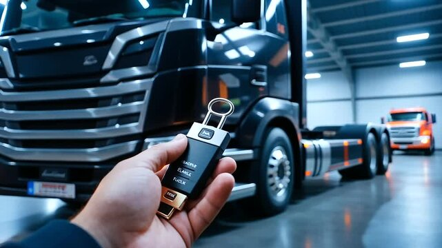 A hand holding a key fob for a luxury truck, with a high-tech cab and glossy paintwork visible in the background.