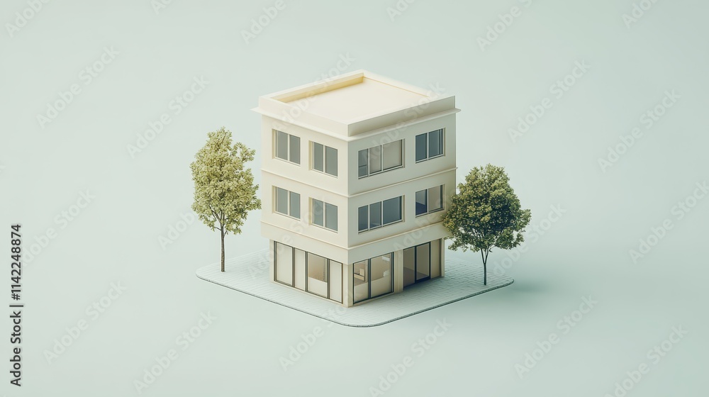 Poster Modern minimalist building rendering with greenery and clean lines in a light environment