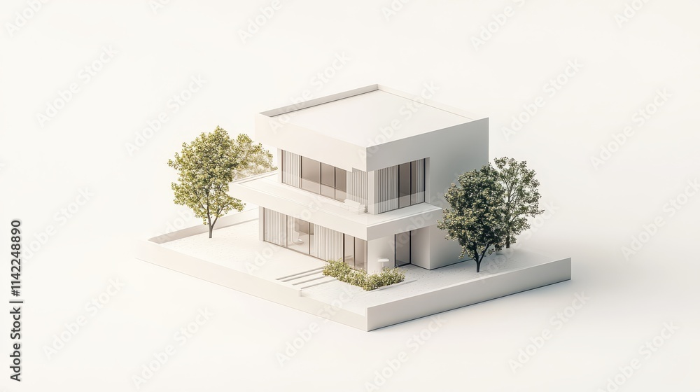 Poster minimalist building design with greenery and clean lines in a modern rendering