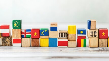 Obraz premium Colorful wooden blocks representing various countries flags arranged on a rustic wooden table showcasing world culture education and diversity for children and adults.