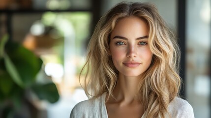 Fototapeta premium Beautiful business woman with long hair smiling in a modern office setting