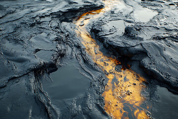 A shoreline covered in black oil, with sand and rocks drenched in crude oil, showing the devastating impact of industrial pollution on natural ecosystems