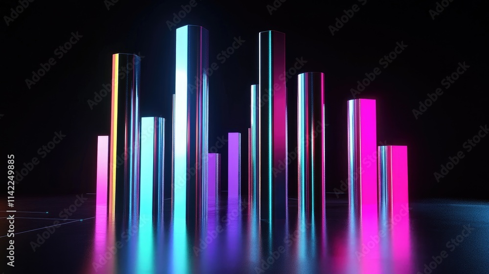 Poster a 3d bar chart with metallic bars rising from the ground, set against a dark background with neon-co