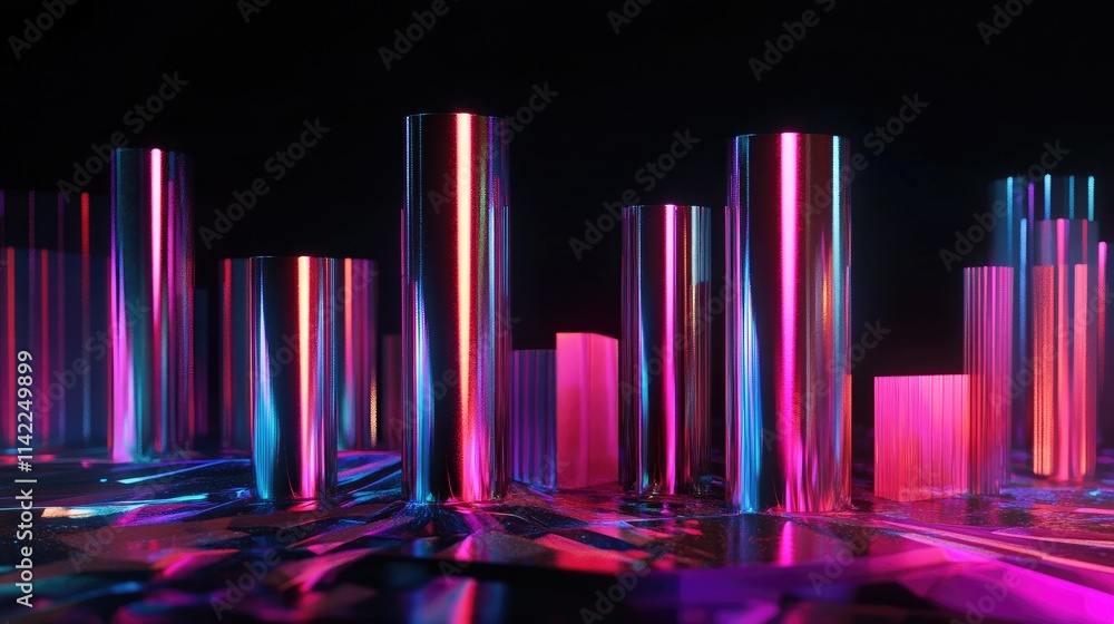 Poster a 3d bar chart with metallic bars rising from the ground, set against a dark background with neon-co