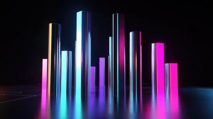A 3D bar chart with metallic bars rising from the ground, set against a dark background with neon-colored data lines and futuristic graphs representing business growth.