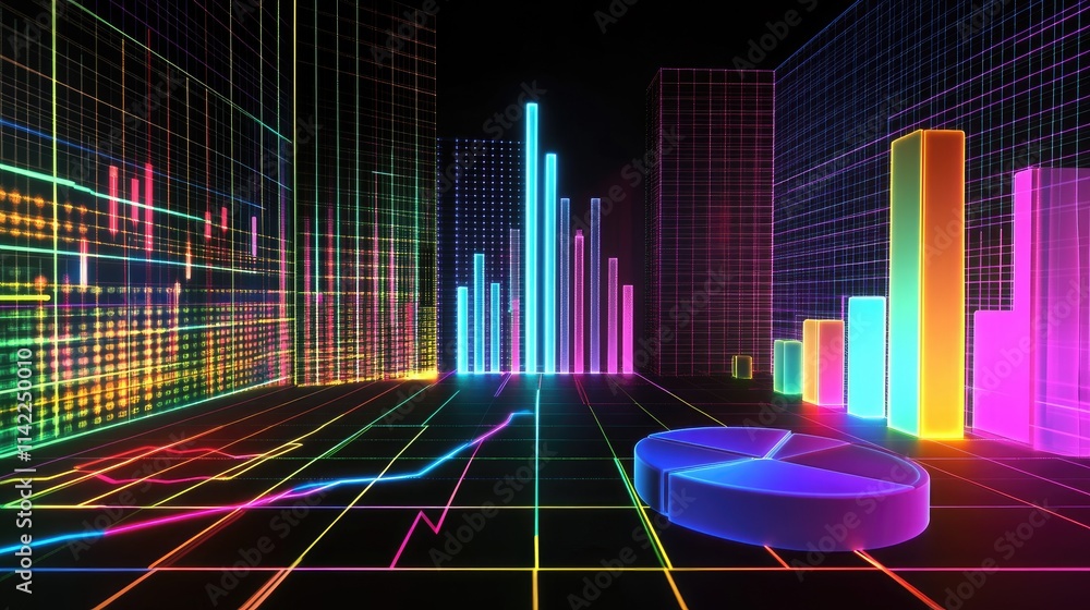 Poster a 3d financial chart showing bar graphs and pie charts with vivid colors and dynamic lighting effect