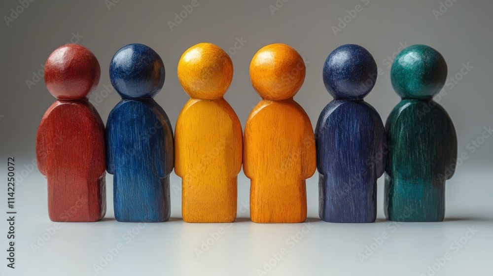 Poster colorful wooden figurines in a row displaying diversity and unity for artistic and educational conce