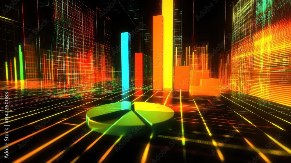 Poster a 3d financial chart showing bar graphs and pie charts with vivid colors and dynamic lighting effect