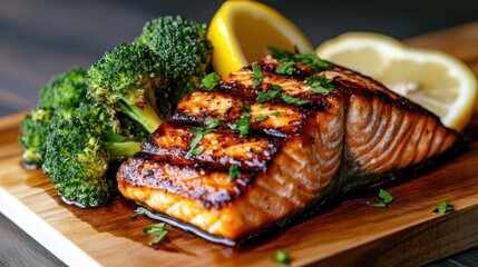 This image shows a perfectly grilled salmon fillet with broccoli and lemon slices, presented on a wooden board, showcasing a healthy and delicious meal option.