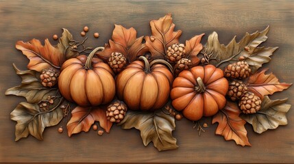 Intricate carved pumpkins & autumn leaves on wood. Perfect for Thanksgiving, fall, harvest themes.