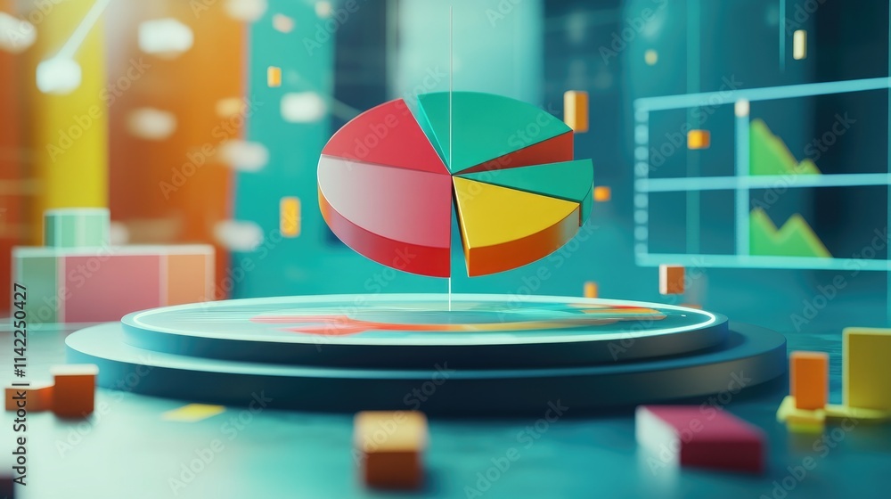 Poster a 3d pie chart floating above a digital interface, with segments rotating and percentages displayed 