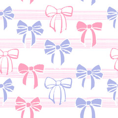 Seamless trendy coquette ribbon bow knot and stripe geo pattern. Valentine background for texture wrapping paper. Vector illustration.