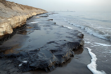 A shoreline covered in black oil, with sand and rocks drenched in crude oil, showing the devastating impact of industrial pollution on natural ecosystems