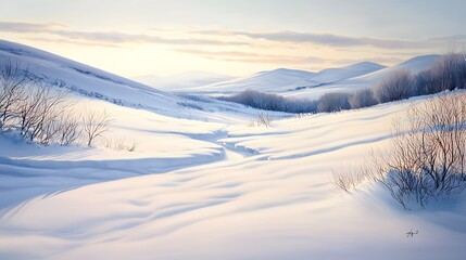 Serene Winter Landscape with Soft Snow and Gentle Hills at Dusk