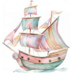 Whimsical Watercolor Sailboat Illustration with Colorful Sails and Nautical Charm