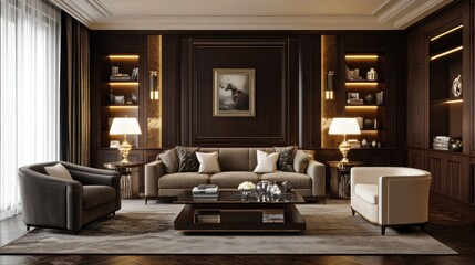 Fototapeta premium Luxurious Living Room with Rich Wood Paneling and Elegant Furnishings
