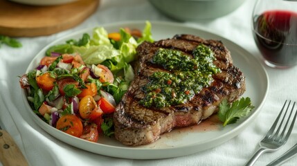 A beautifully arranged steak dinner featuring a thick cut of meat, drizzled with chimichurri sauce, alongside a colorful salad and a glass of red wine, presented on a white tablecloth.