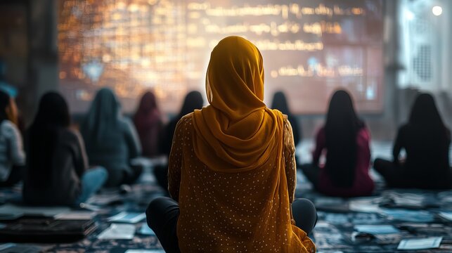 Woman Teaching English to Refugees in a Group Setting Empowering Through Education and Community