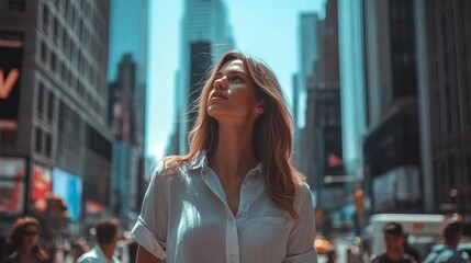 Fototapeta premium Model Walking Through Busy City Street Wearing Fitted Shirt on a Bright Sunny Day