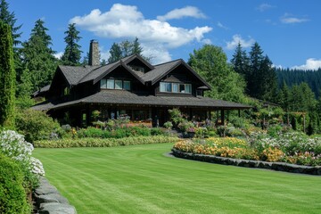 Naklejka premium Luxurious wooden house with a vast garden, showcasing vibrant flowers and manicured lawn under a bright sunny sky.