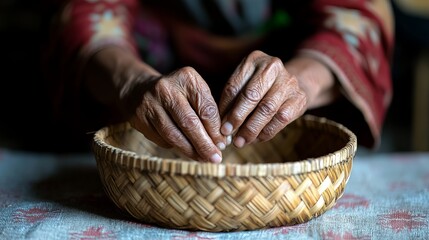 Weaver Adding Final Touches to Bamboo Basket in Traditional Craftsmanship Setting