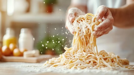 A person expertly dusts freshly made pasta with flour in a warm kitchen setting, highlighting the art of traditional Italian cooking and culinary craftsmanship.