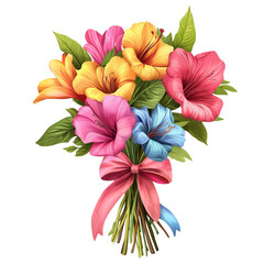 Vibrant bouquet of colorful hibiscus flowers tied with a pink ribbon.