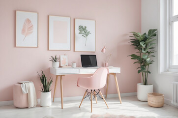 Home office inspiration stylish pink workspace modern decor cozy environment minimalist viewpoint