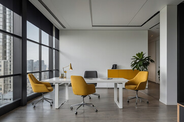 Modern office workspace design urban high-rise building interior photography bright environment wide angle view professional concept