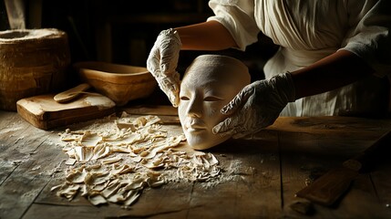 Artisan Crafting an Intricate Noh Mask with Careful Precision and Attention to Detail