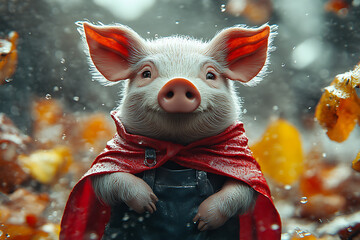 Adorable anthropomorphic animals dressed as humans: pigs as superheroes in colorful capes, bears as chefs in aprons, creating a whimsical and fun scene