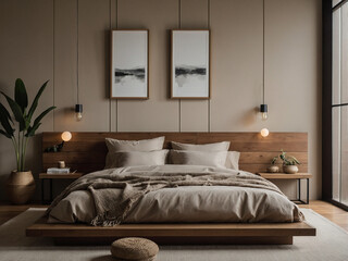 Cozy minimalist bedroom design modern home interior decor warm environment serene view comfort...