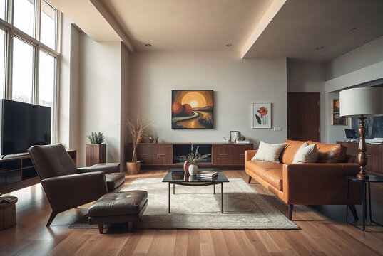 Modern living room interior design cozy apartment photography bright environment wide angle home aesthetics