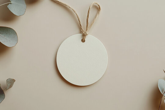 Neutral round gift tag mockup on beige background, minimal design, label tag mockup, Wedding favor tag for souvenir, sign for greeting message close up, element for design