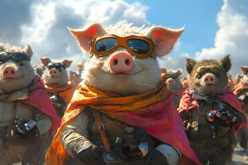 Adorable anthropomorphic animals dressed as humans: pigs as superheroes in colorful capes, bears as chefs in aprons, creating a whimsical and fun scene
