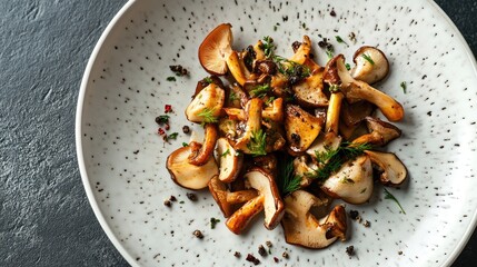 A beautifully plated dish featuring saut king oyster mushrooms garnished with herbs and spices, served on a modern white plate against a dark background.