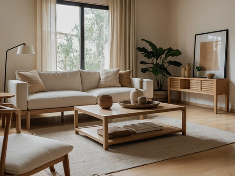 A cozy living room with neutral tones, simple furniture, and soft lighting, creating a warm and relaxing atmosphere.