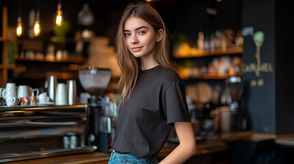 Fashion Model Posing in a Coffee Shop with Custom Graphic Tee and Casual Jeans
