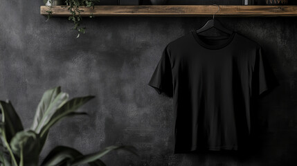 Fototapeta premium Minimalist Black T-Shirt Mockup Displayed on Hanger Against Dark Background with Plants