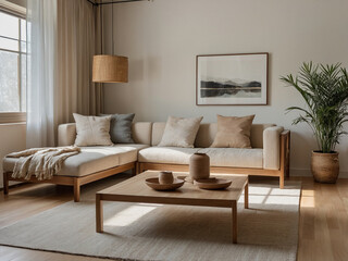A serene living room exudes tranquility, creating a cozy ambiance with neutral colors and airy...
