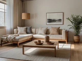 Fototapete Japandi A serene living room exudes tranquility, creating a cozy ambiance with neutral colors and airy Scandinavian design. Simplicity and comfort blend harmoniously, embodying Japandi style.  © Saktanong