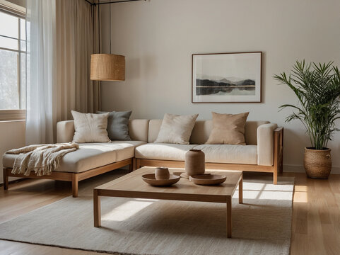 A serene living room exudes tranquility, creating a cozy ambiance with neutral colors and airy Scandinavian design. Simplicity and comfort blend harmoniously, embodying Japandi style.