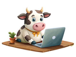 cute cow working on laptop on transparent background